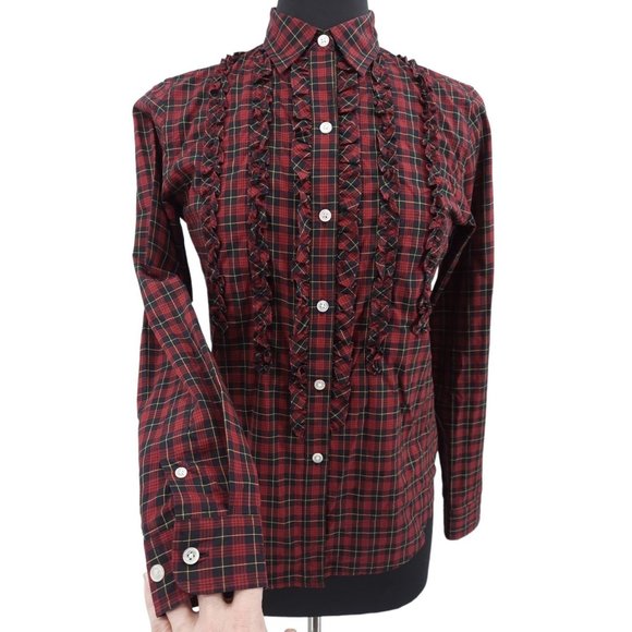 VTG 90s Lauren Ralph Lauren Red Plaid Ruffled Button Up Long Sleeve Top S Petite - Picture 2 of 9